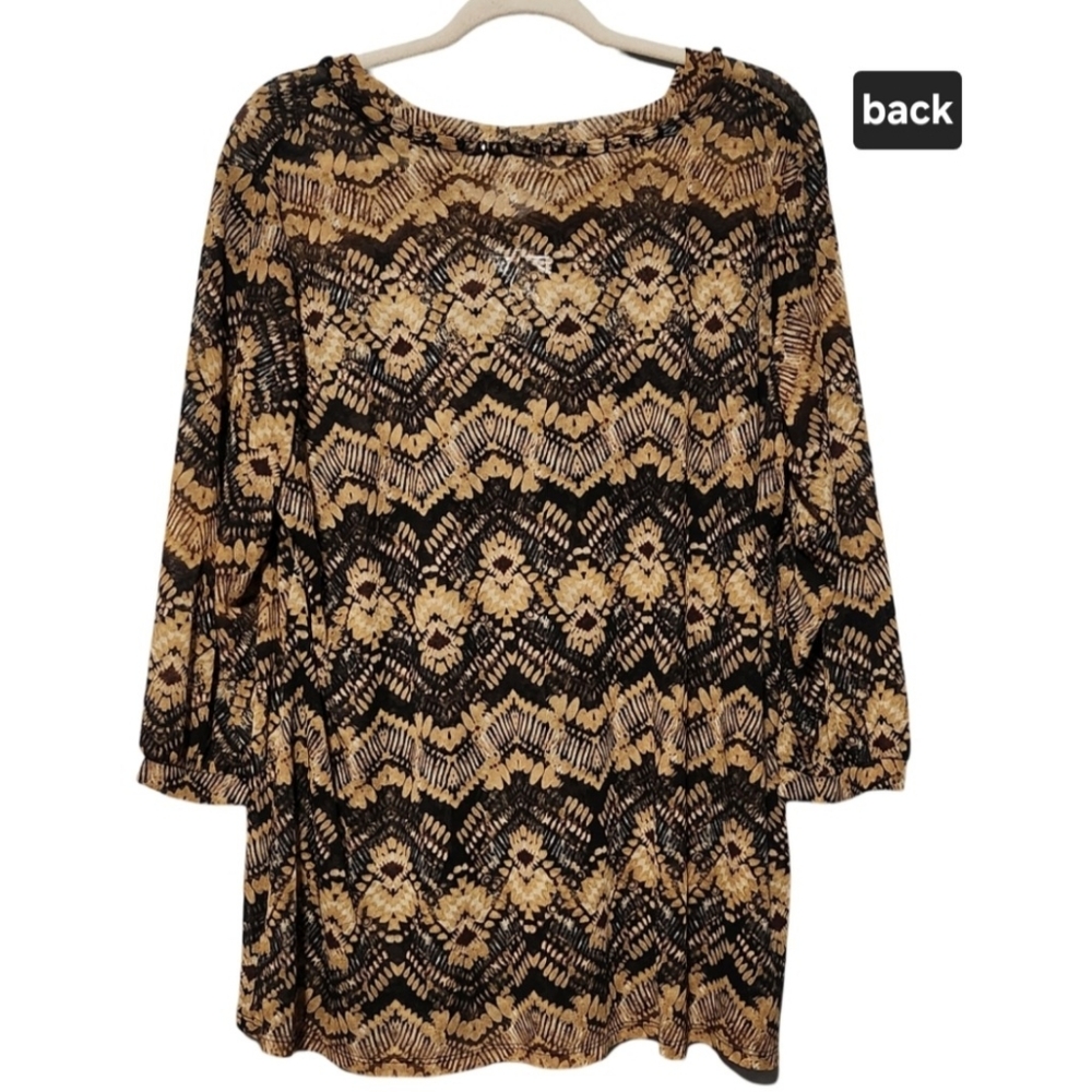 SUSAN GRAVER Abstract Print Blouse Womens Plus 1X Brown Black Sheer Tunic Top - Picture 3 of 14
